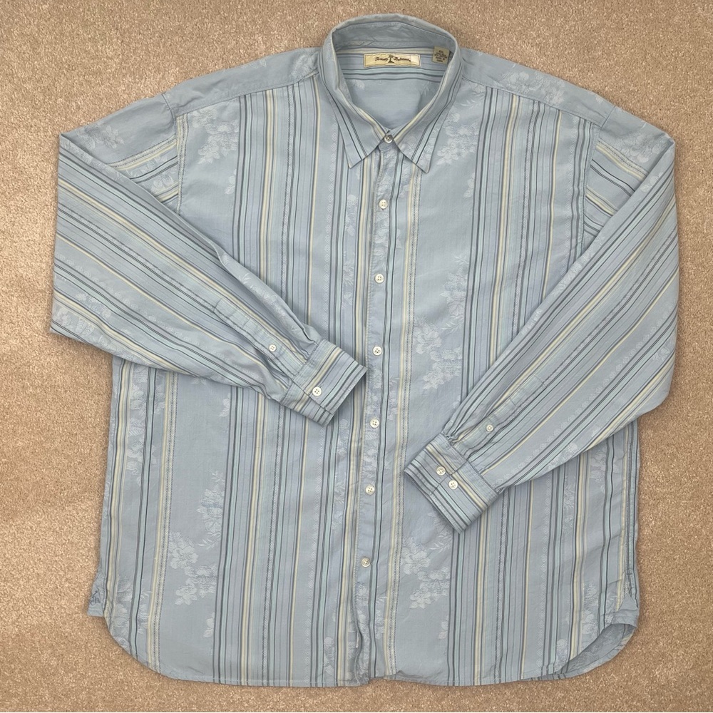 Tommy Bahama Shirt XXL Blue Button Stripes Floral Silk Blend Outdoor Preppy Men